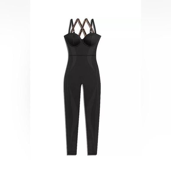 IVY PARK Pants - Adidas x Ivy Park Black Knit Jumpsuit XS Ribbed Corset Catsuit Logo Straps